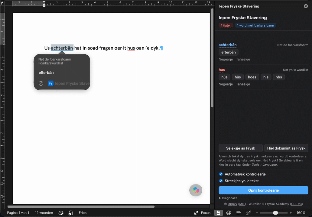 Iepen Fryske Stavering in Word for Mac: a blue squiggle under achterbân with the suggestion efterbân, a red squiggle under hus, and the side panel listing both words with suggestions.